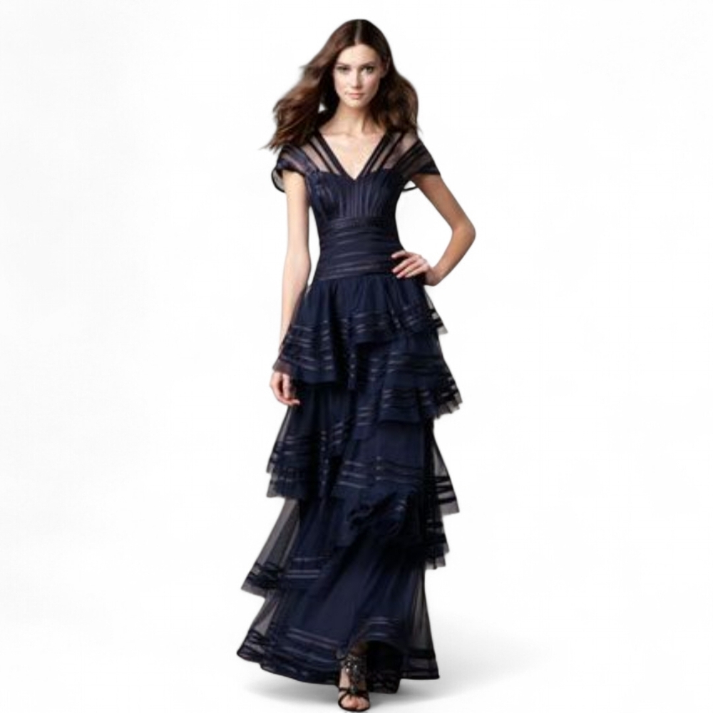 Tadashi Shoji Navy Tierd Ruffle Formal Dress